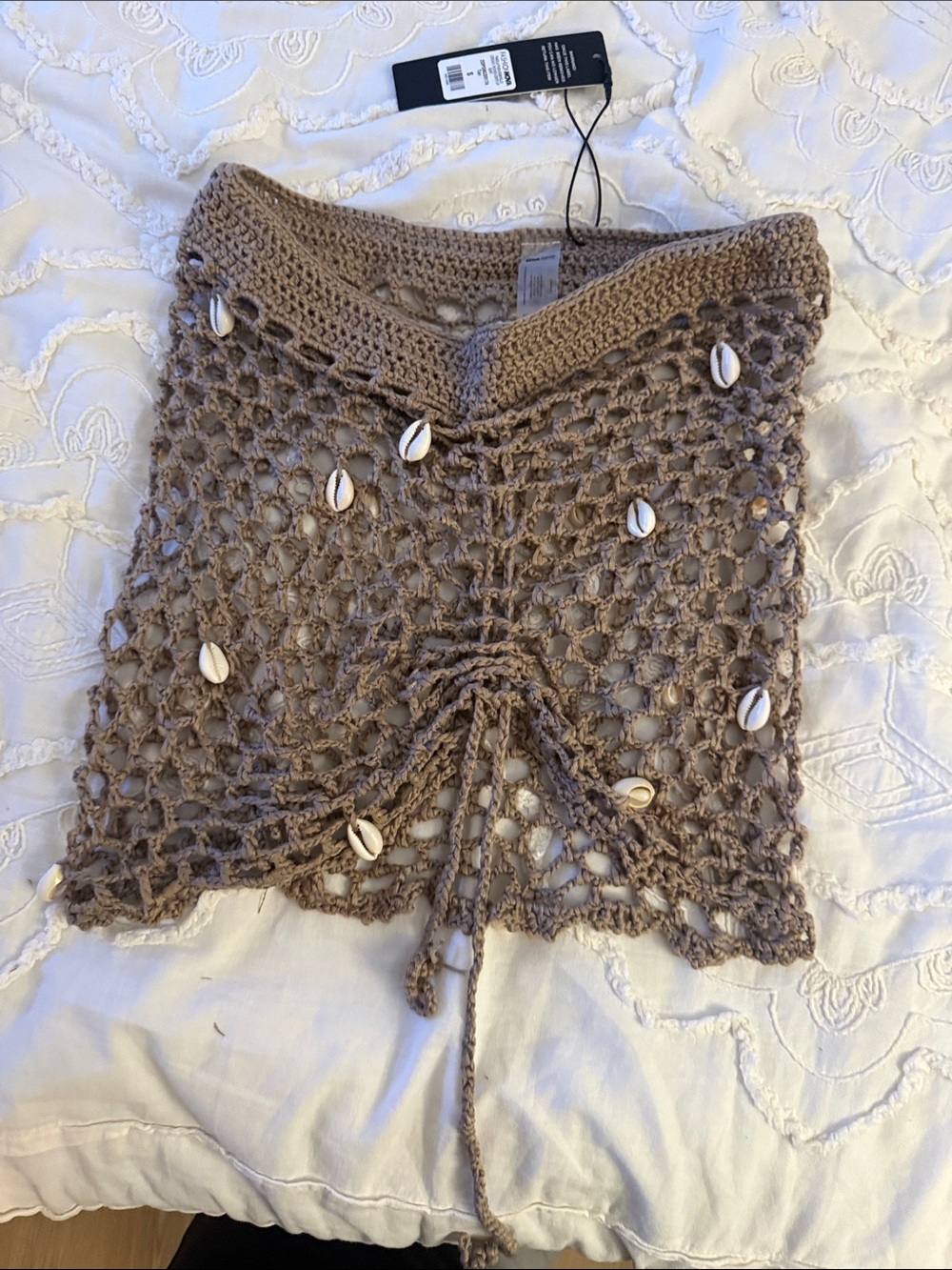Fashion Nova Taupe Crochet Shell-Embellished cover up